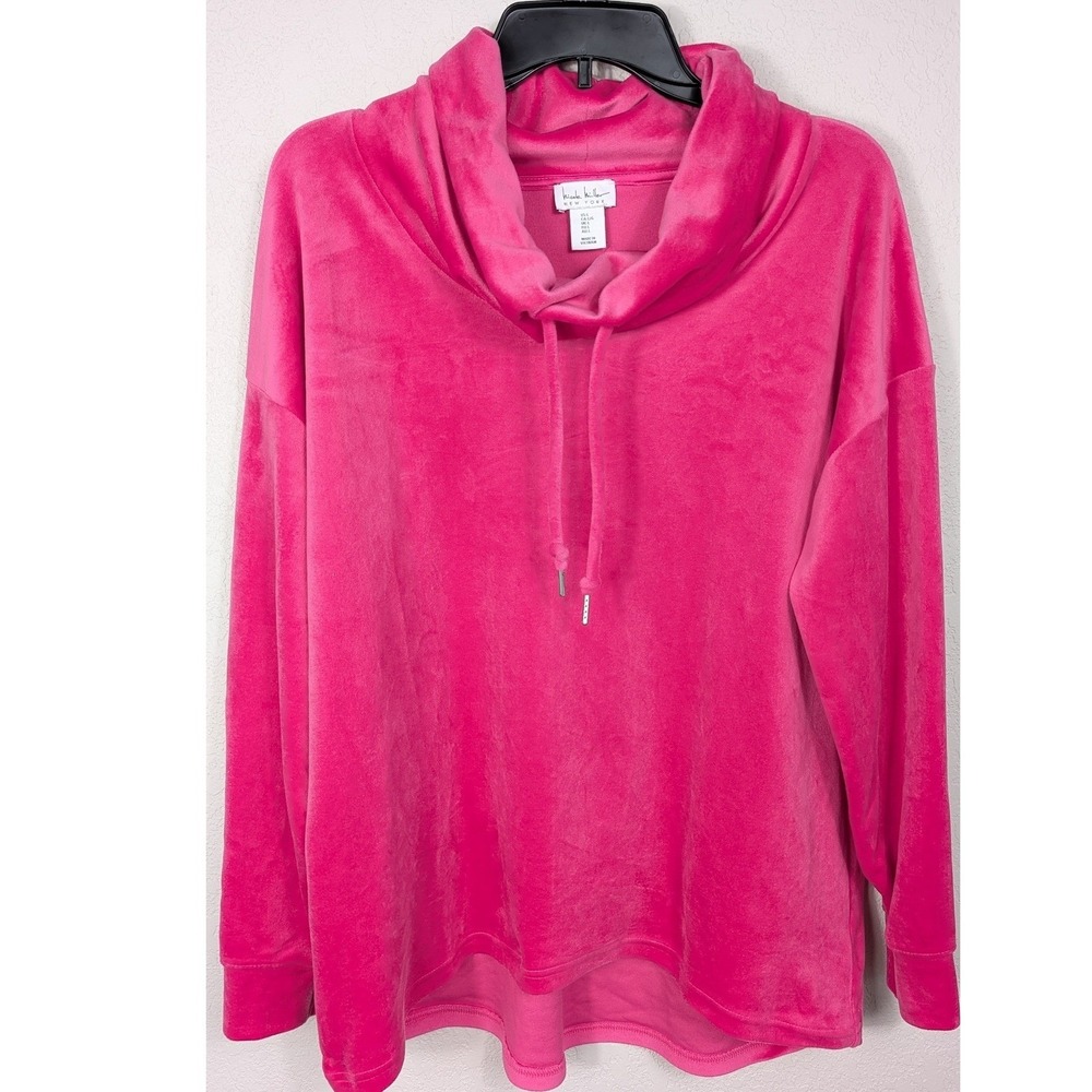 Nicole Miller Pullover Top Women Large Hot Pink Velour Cowl Neck High-Low Hem
